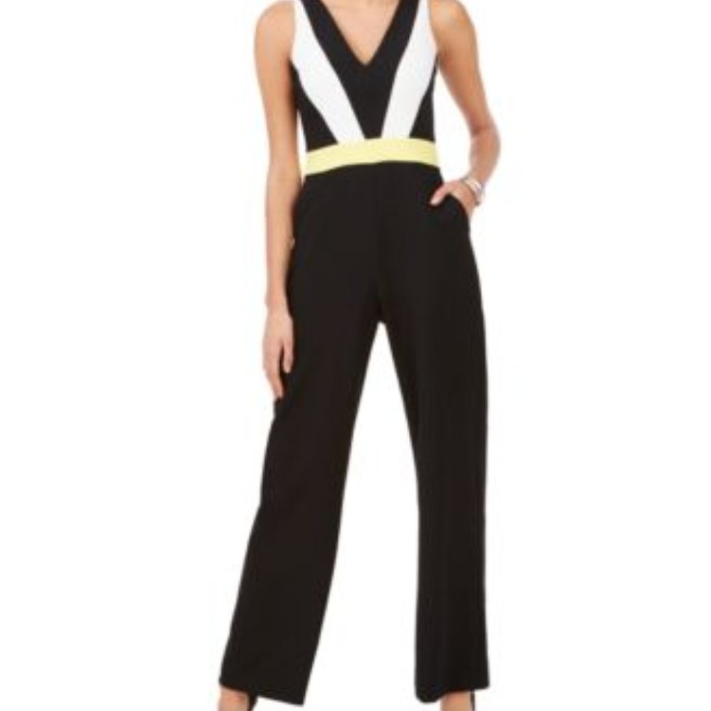VINCE CAMUTO/G-III APPAREL GROUP, SLVLESS V-NECK COLOR BLOCK JUMPSUIT